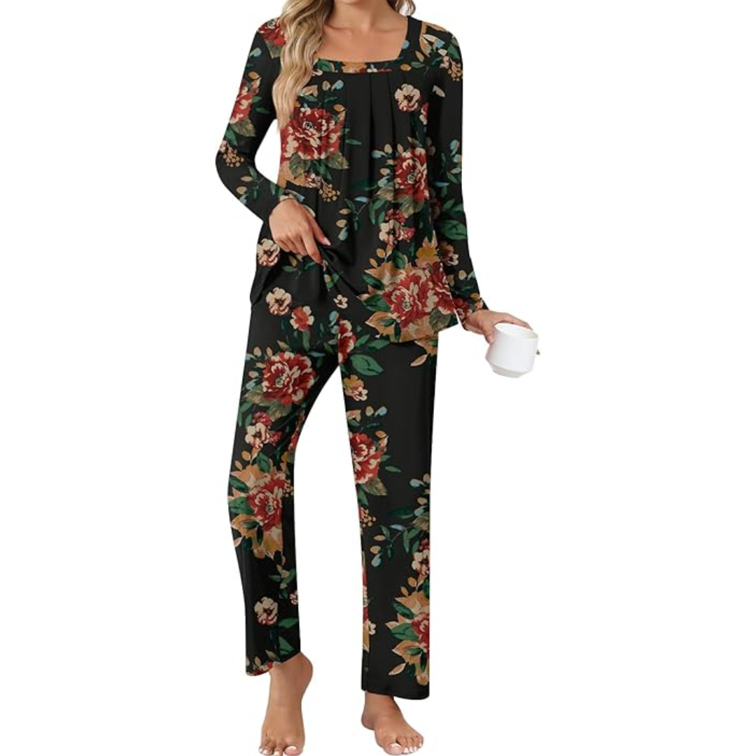 Damen Pyjama Set mit Punkten - Bequemes Nachtwäsche Set-Braun Blume-M-Luzern Mode
