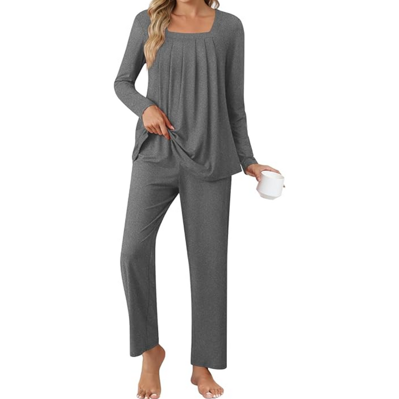 Damen Pyjama Set mit Punkten - Bequemes Nachtwäsche Set-Meliert Grau-M-Luzern Mode
