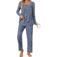 Damen Pyjama Set mit Punkten - Bequemes Nachtwäsche Set-Punkte Tibetisch Blau-M-Luzern Mode