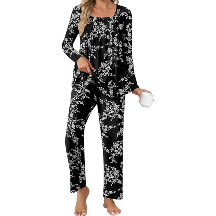 Damen Pyjama Set mit Punkten - Bequemes Nachtwäsche Set-Schwarz & Weiß-M-Luzern Mode