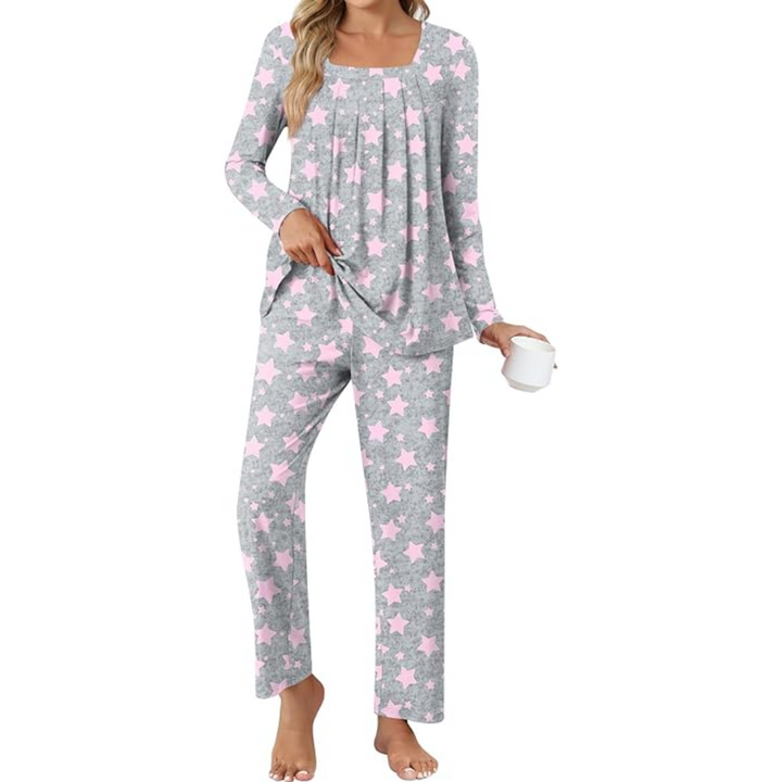 Damen Pyjama Set mit Punkten - Bequemes Nachtwäsche Set-Stern Grau-M-Luzern Mode