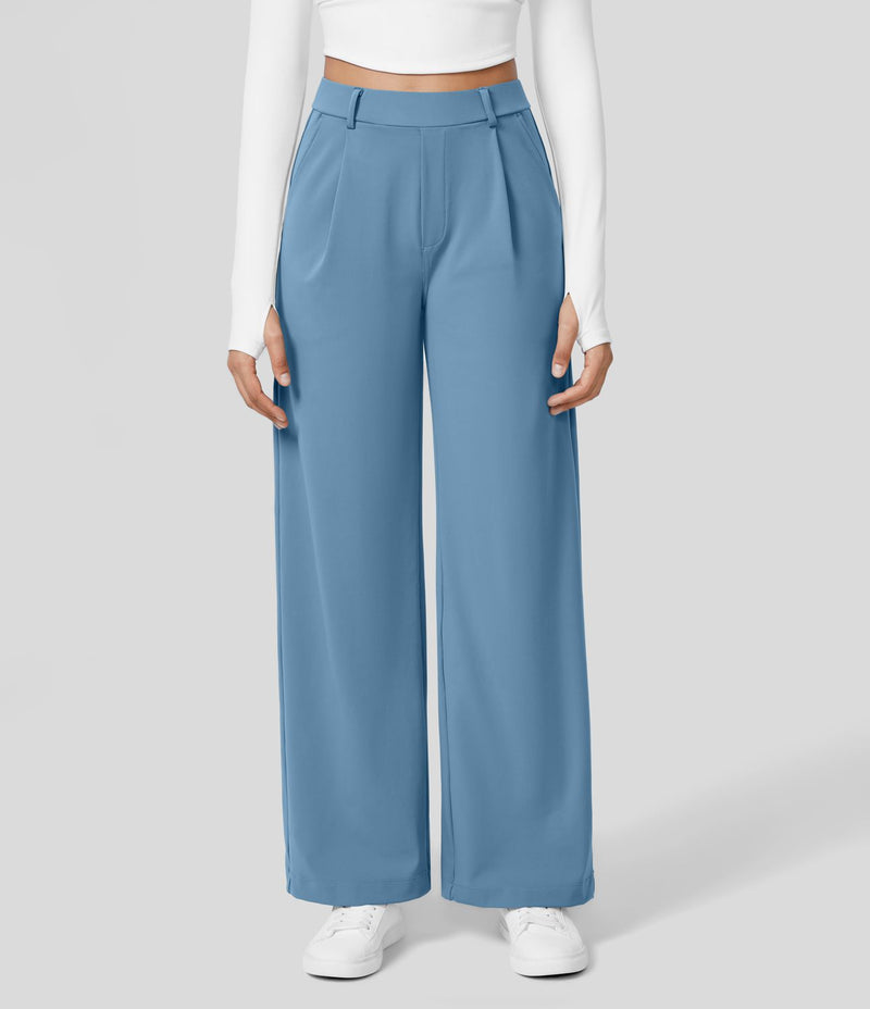 Damen Weite Hose mit Hohem Bund und Eleganten Falten-Blau-S-36-Luzern Mode