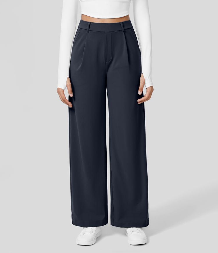 Damen Weite Hose mit Hohem Bund und Eleganten Falten-Dunkelblau-S-36-Luzern Mode