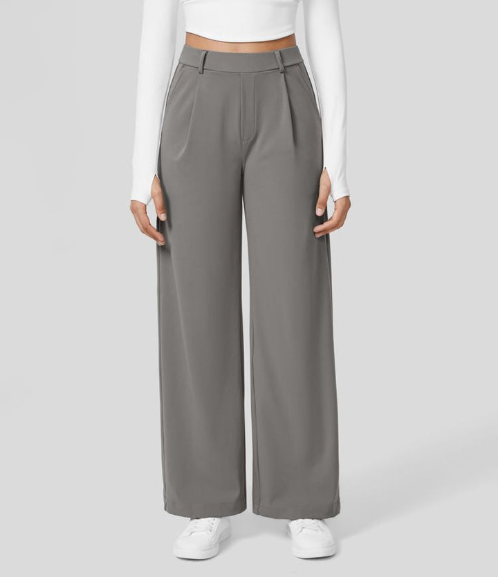 Damen Weite Hose mit Hohem Bund und Eleganten Falten-Grau-S-36-Luzern Mode