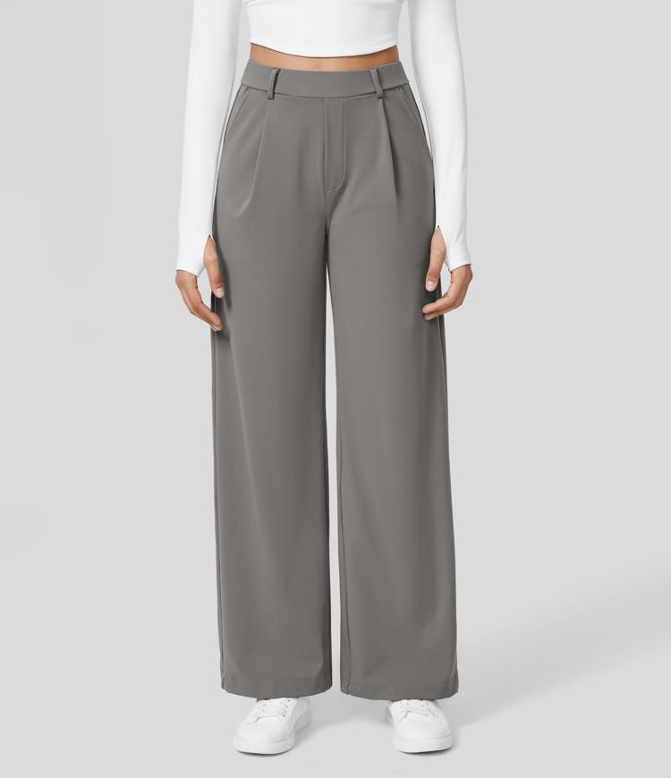 Damen Weite Hose mit Hohem Bund und Eleganten Falten-Grau-S-36-Luzern Mode
