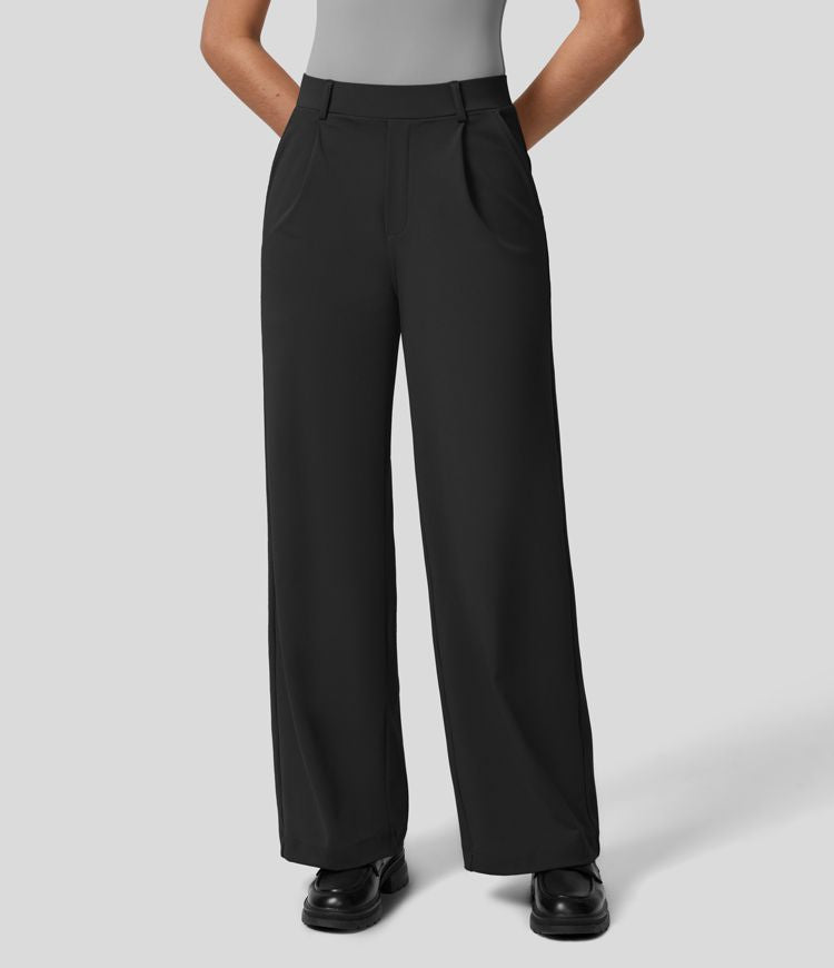 Damen Weite Hose mit Hohem Bund und Eleganten Falten-Schwarz-S-36-Luzern Mode