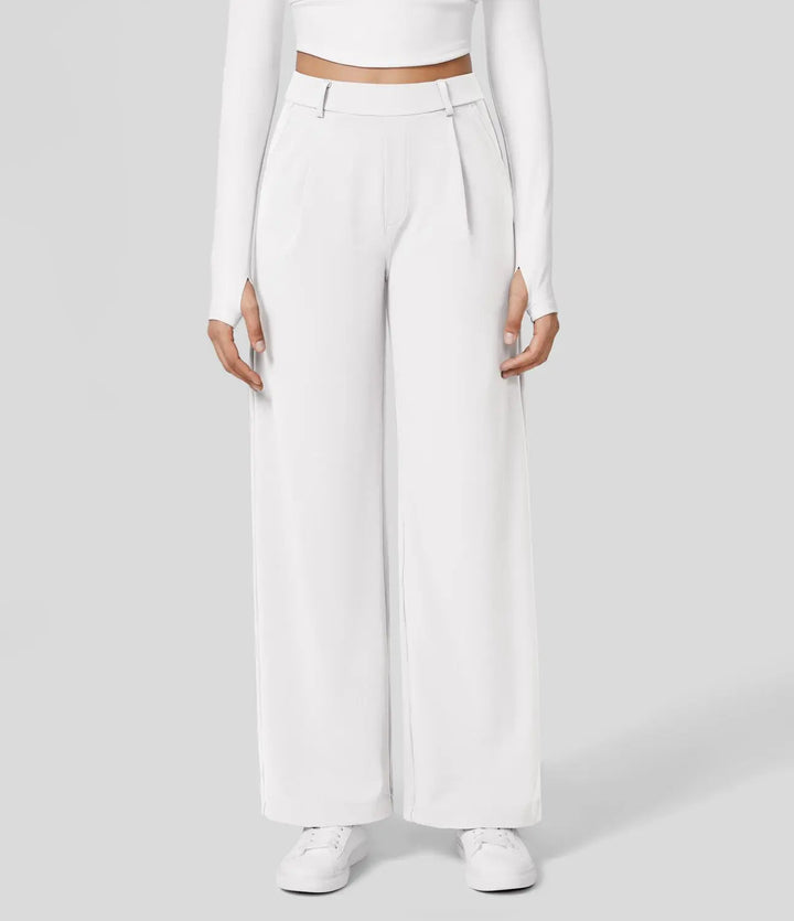 Damen Weite Hose mit Hohem Bund und Eleganten Falten-Weiß-S-36-Luzern Mode