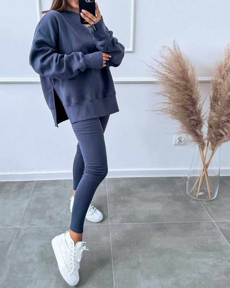 Damen Sweatshirt und Leggings Set - Bequemes Freizeitoutfit-Blau-S-Luzern Mode