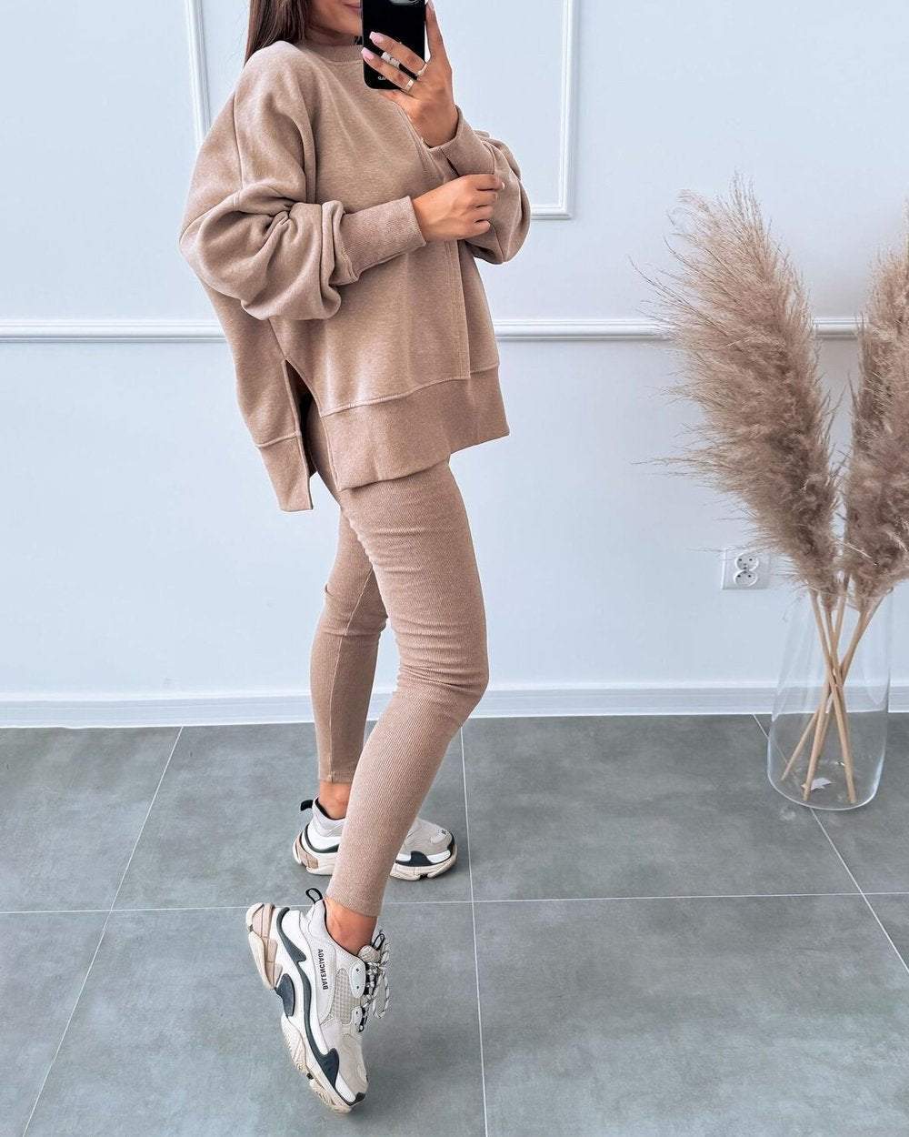 Damen Sweatshirt und Leggings Set - Bequemes Freizeitoutfit-Braun-S-Luzern Mode