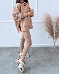 Damen Sweatshirt und Leggings Set - Bequemes Freizeitoutfit-Braun-S-Luzern Mode