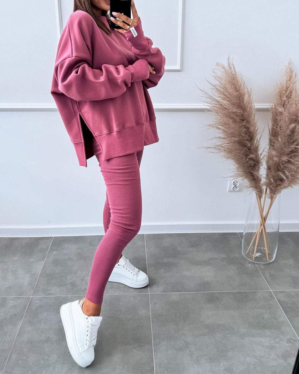 Damen Sweatshirt und Leggings Set - Bequemes Freizeitoutfit-Rosa-S-Luzern Mode