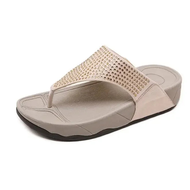 Damen Slipper Sommer | Strass & Plateau Sohle | Bequem & Modisch Style-Beige-36-Luzern Mode