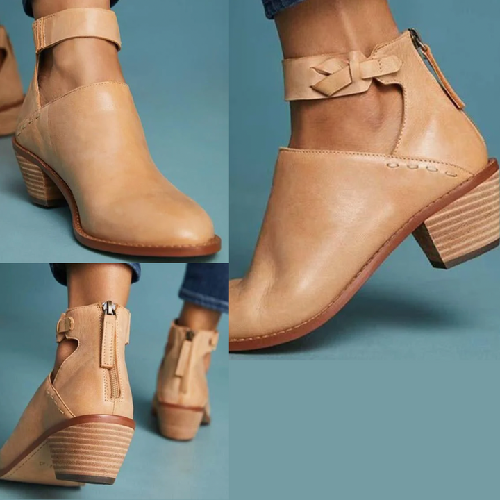 Damen Stiefeletten | Blockabsatz | Veganes Leder | Reißverschluss | Einfarbig-Beige-35-Luzern Mode