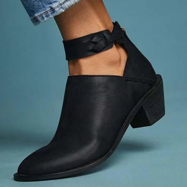 Damen Stiefeletten | Blockabsatz | Veganes Leder | Reißverschluss | Einfarbig-Schwarz-35-Luzern Mode