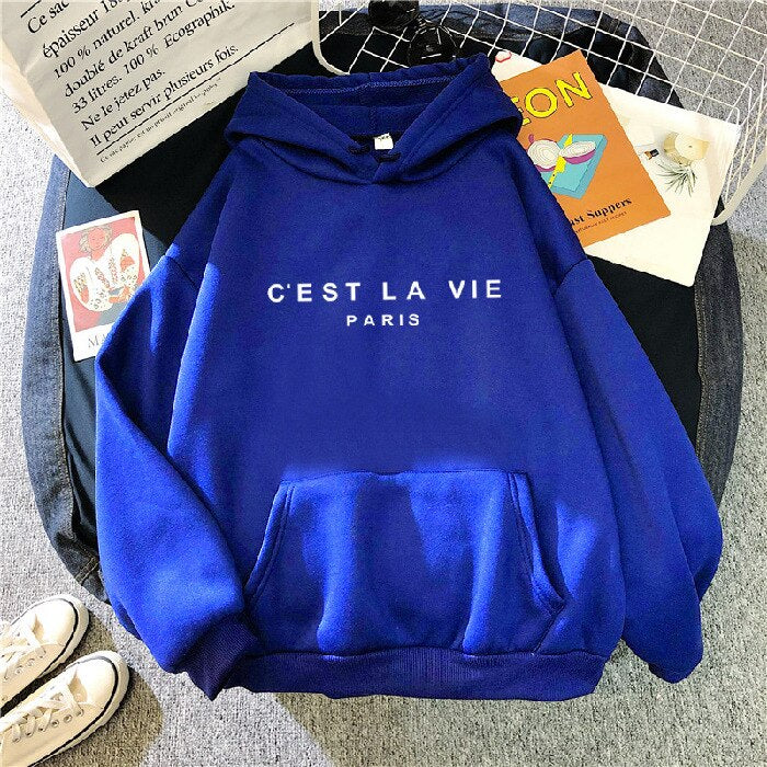 Unisex Hoodie mit "C'est La Vie Paris" Aufdruck, Kapuzenpullover-Blau-S-Luzern Mode