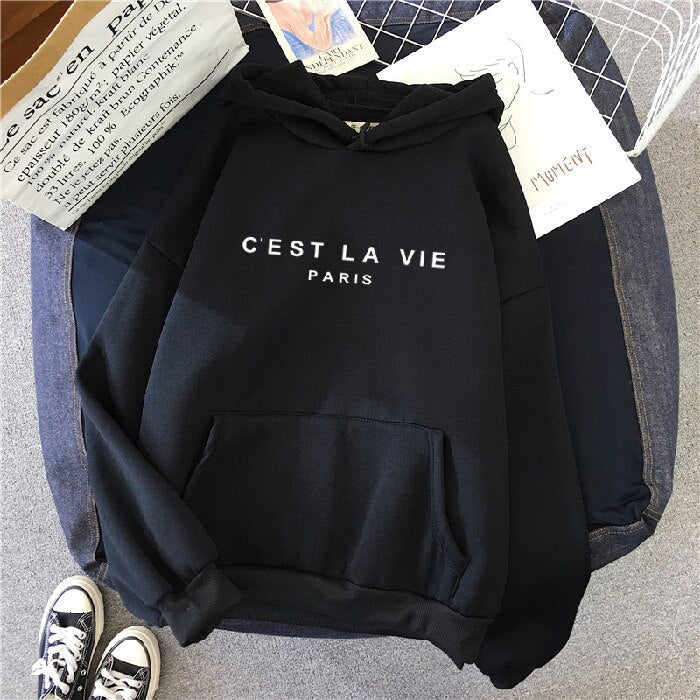 Unisex Hoodie mit "C'est La Vie Paris" Aufdruck, Kapuzenpullover-Schwarz-S-Luzern Mode