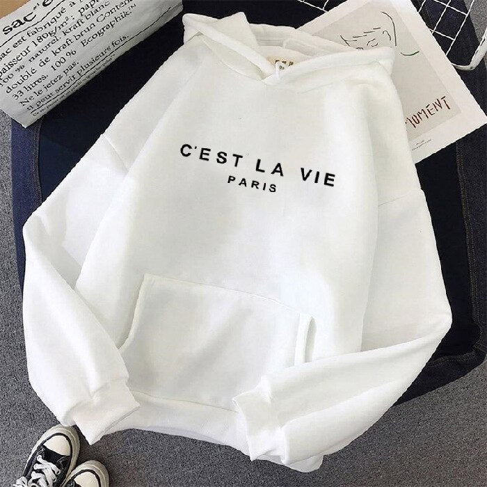 Unisex Hoodie mit "C'est La Vie Paris" Aufdruck, Kapuzenpullover-Weiß-S-Luzern Mode
