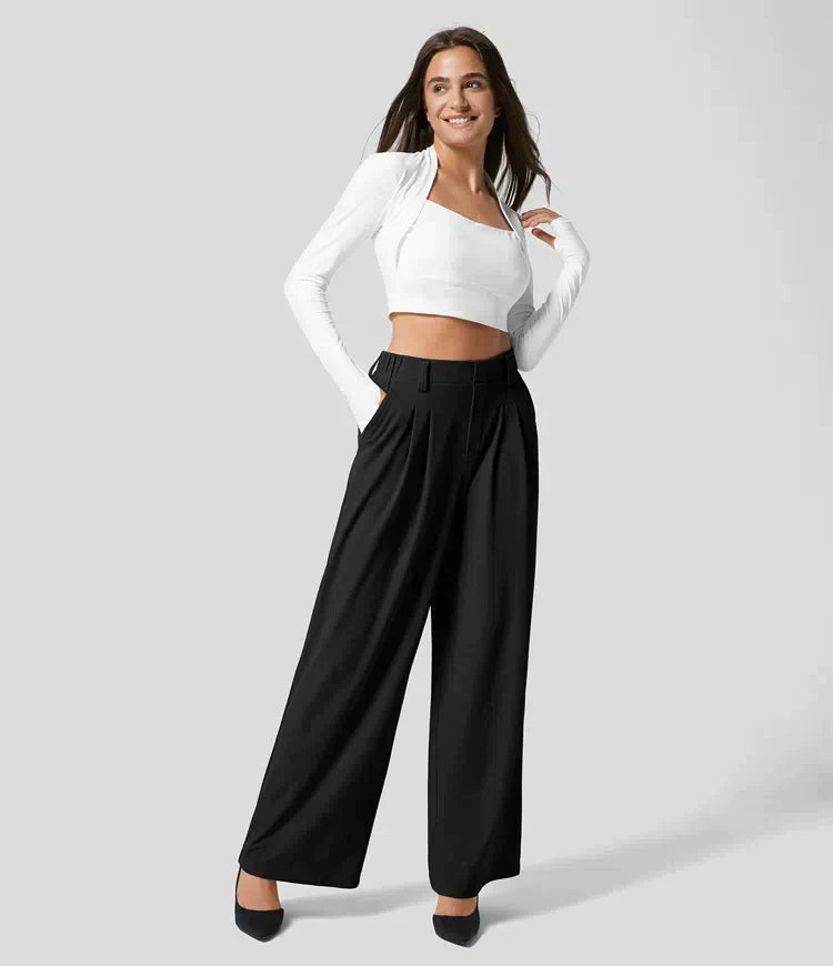 Elegante Damenhose mit weitem Bein und hohem Bund-Klassisches Schwarz-XS-Luzern Mode