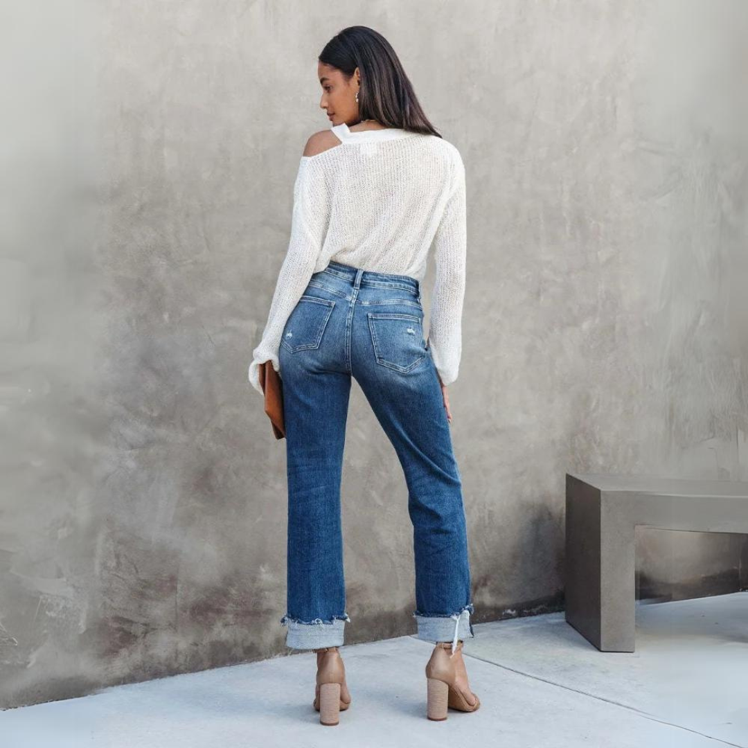 Damen High Waist Jeans mit Fransen - Bequeme Passform-Luzern Mode