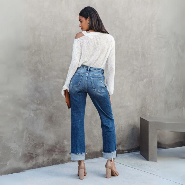 Damen High Waist Jeans mit Fransen - Bequeme Passform-Luzern Mode