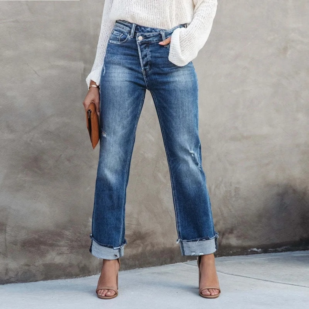 Damen High Waist Jeans mit Fransen - Bequeme Passform-S-Luzern Mode