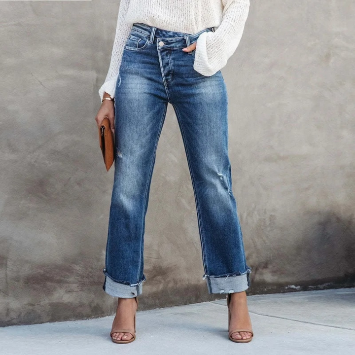 Damen High Waist Jeans mit Fransen - Bequeme Passform-S-Luzern Mode