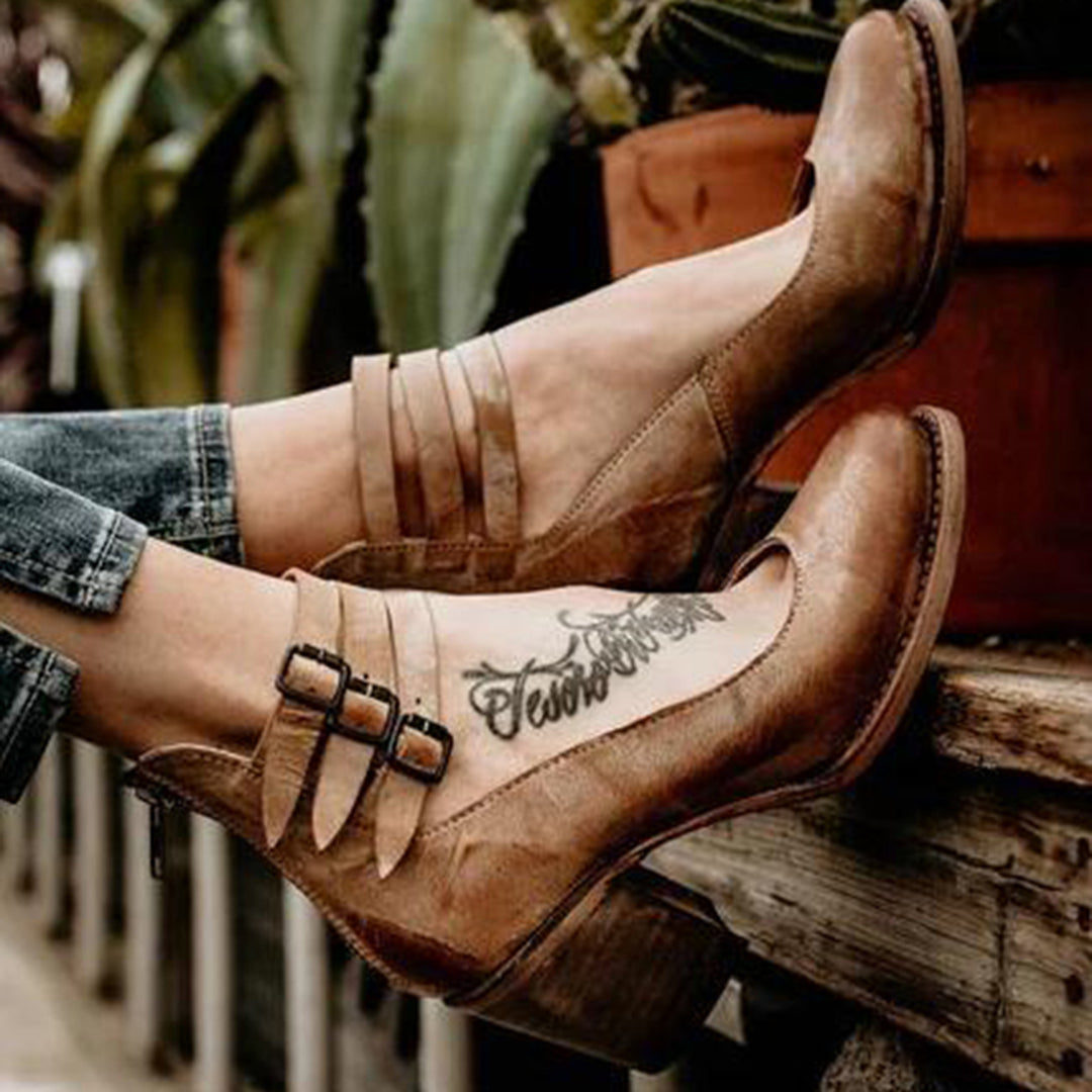 Vintage Damen Stiefeletten mit Blockabsatz und Riemen-Luzern Mode