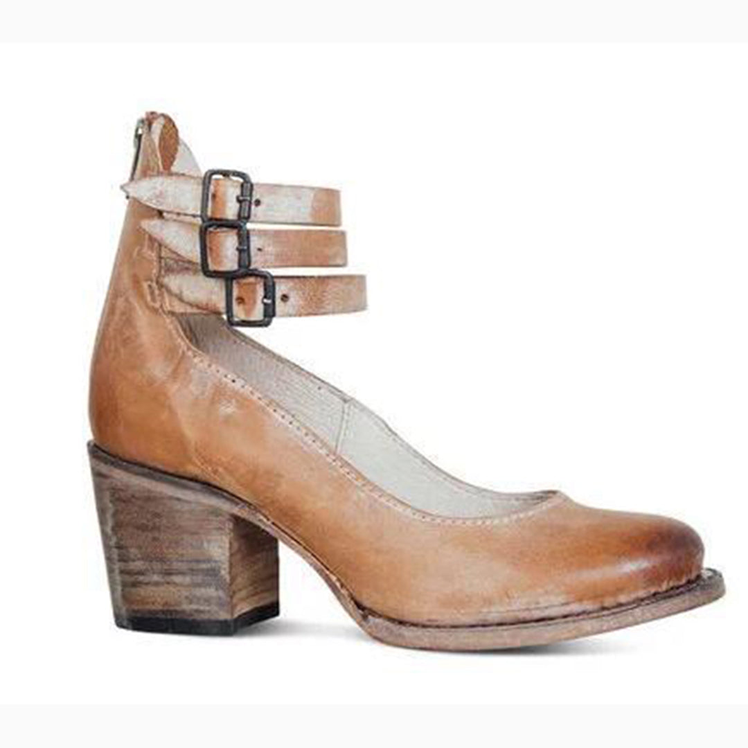 Vintage Damen Stiefeletten mit Blockabsatz und Riemen-Luzern Mode