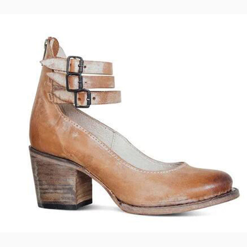 Vintage Damen Stiefeletten mit Blockabsatz und Riemen-Luzern Mode