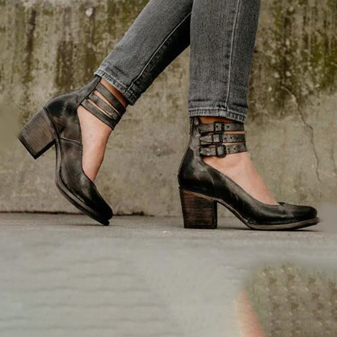 Vintage Damen Stiefeletten mit Blockabsatz und Riemen-Luzern Mode