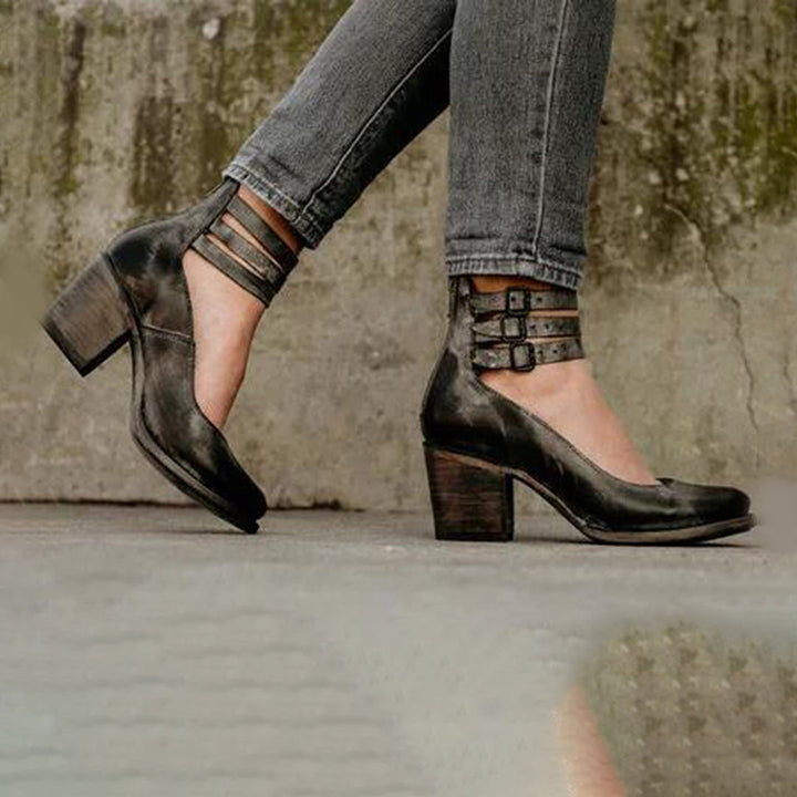 Vintage Damen Stiefeletten mit Blockabsatz und Riemen-Luzern Mode