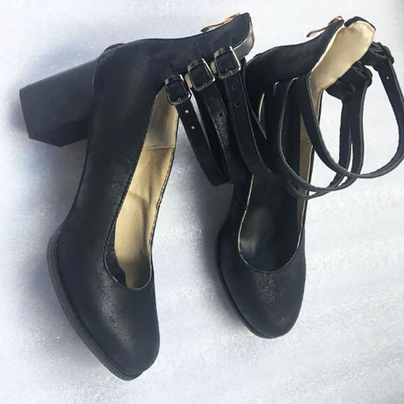 Vintage Damen Stiefeletten mit Blockabsatz und Riemen-Luzern Mode