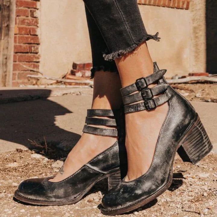 Vintage Damen Stiefeletten mit Blockabsatz und Riemen-Schwarz-34-Luzern Mode