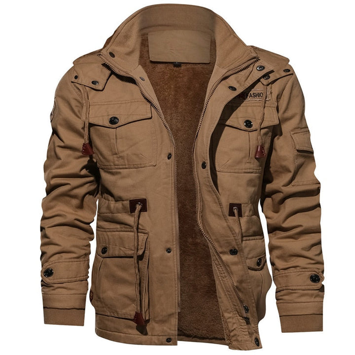 Herren Winterjacke | Locker fallend | Halb lang | Reißverschluss | Kapuze | Taschen-Khaki-S-Luzern Mode