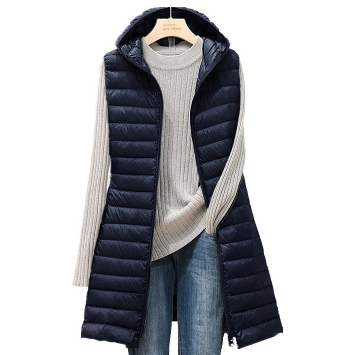 Damen Steppweste mit Kapuze - Lange Winterweste Casual-Dunkelblau-S-Luzern Mode