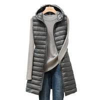 Damen Steppweste mit Kapuze - Lange Winterweste Casual-Grau-S-Luzern Mode