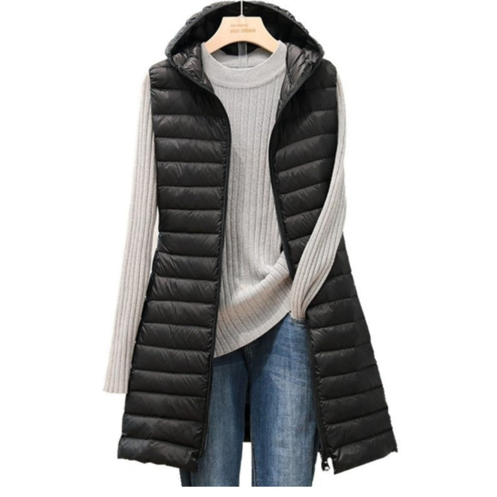 Damen Steppweste mit Kapuze - Lange Winterweste Casual-Schwarz-S-Luzern Mode