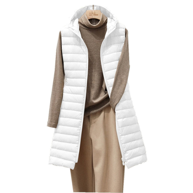 Damen Steppweste mit Kapuze - Lange Winterweste Casual-Weiß-S-Luzern Mode