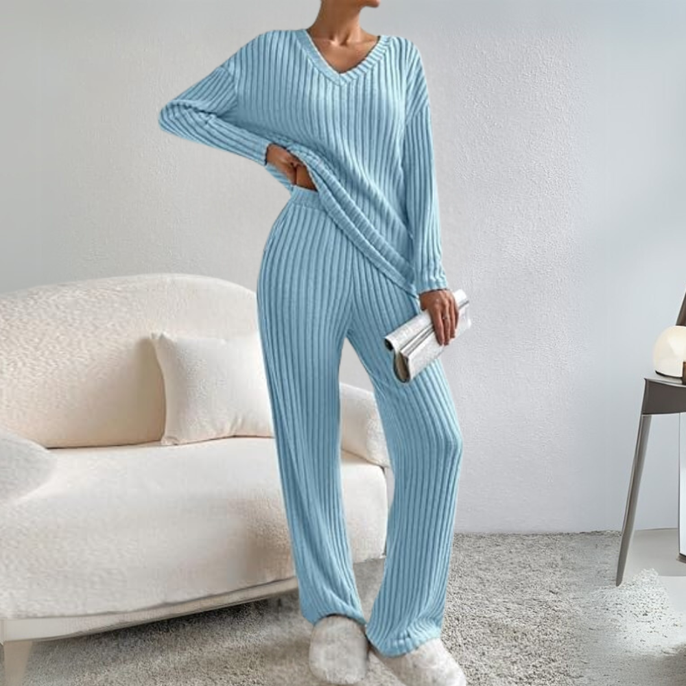 Damen Strickpullover Set - Bequemes Lounge Outfit-Blau-XS-Luzern Mode