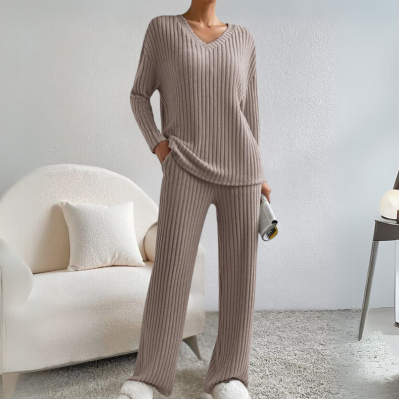 Damen Strickpullover Set - Bequemes Lounge Outfit-Khaki-XS-Luzern Mode