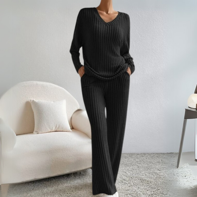 Damen Strickpullover Set - Bequemes Lounge Outfit-Schwarz-XS-Luzern Mode