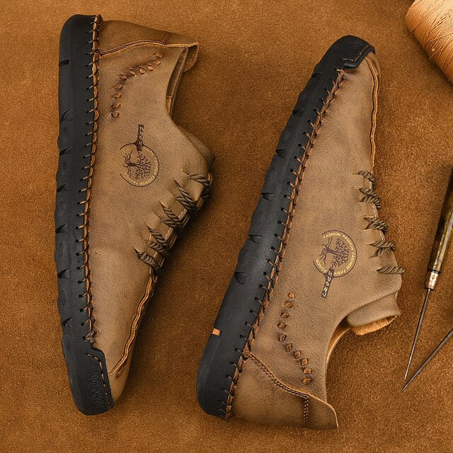 Handgefertigte Leder Casual Herrenschuhe mit Stickerei-Khaki-39-Luzern Mode
