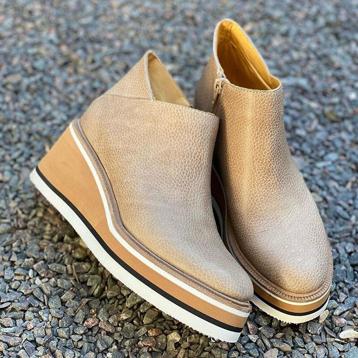 Damen Stiefeletten | Reißverschluss | Plateau-Sohle | Einfarbig | Ergonomisch-Beige-35-Luzern Mode