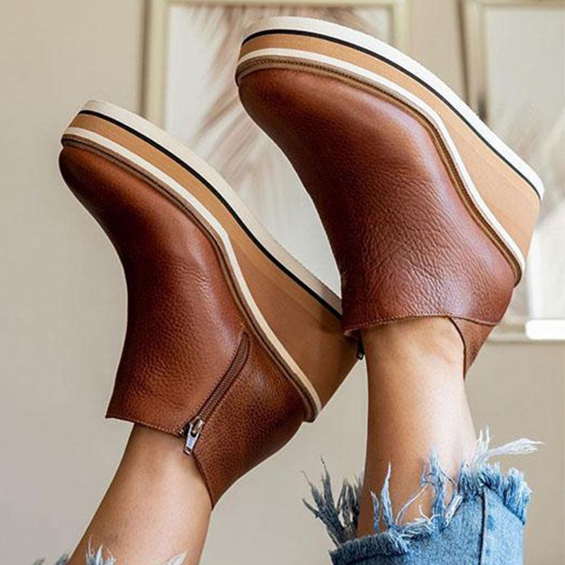 Damen Stiefeletten | Reißverschluss | Plateau-Sohle | Einfarbig | Ergonomisch-Braun-35-Luzern Mode