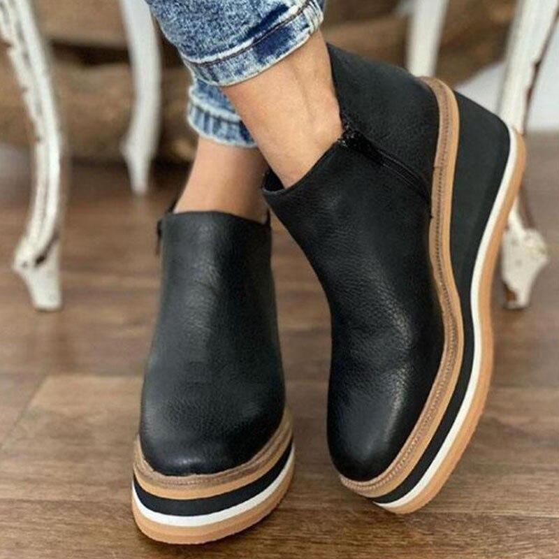 Damen Stiefeletten | Reißverschluss | Plateau-Sohle | Einfarbig | Ergonomisch-Schwarz-35-Luzern Mode