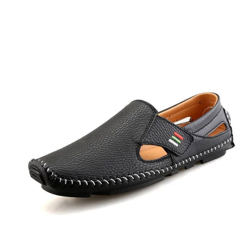 Slip-On | Echtleder | atmungsaktiv | rutschfest | EVA-Sohle | Herren | leicht-Schwarz-37-Luzern Mode