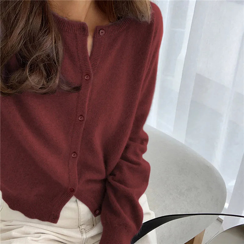 Damen Strickjacke mit Knopfleiste - Eleganter Cardigan-Weinrot-One size-Luzern Mode