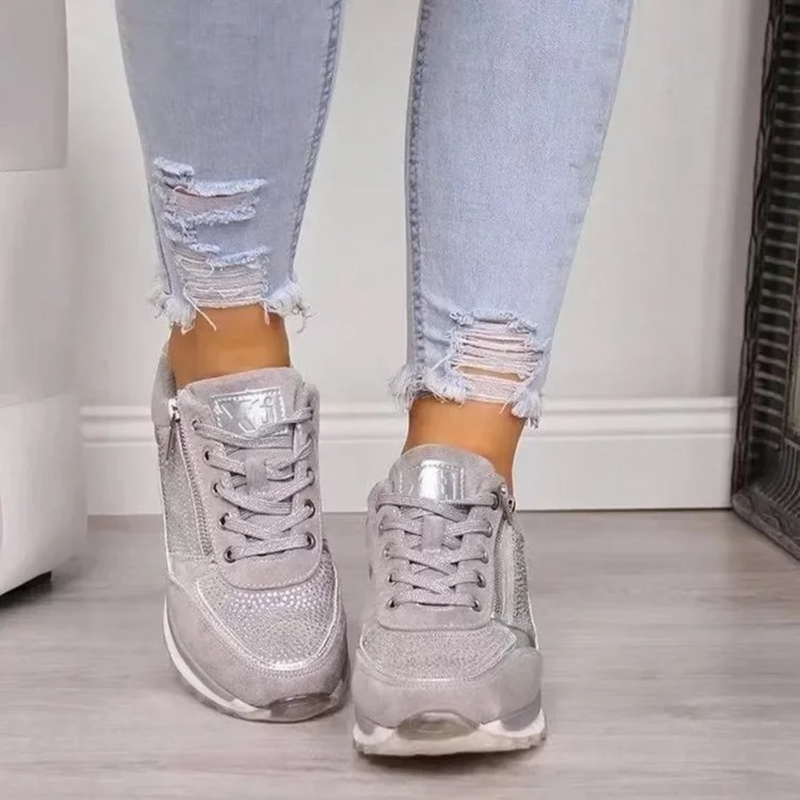 Damen Sneaker mit Keilabsatz und Reißverschluss bequem-Grau-35-Luzern Mode