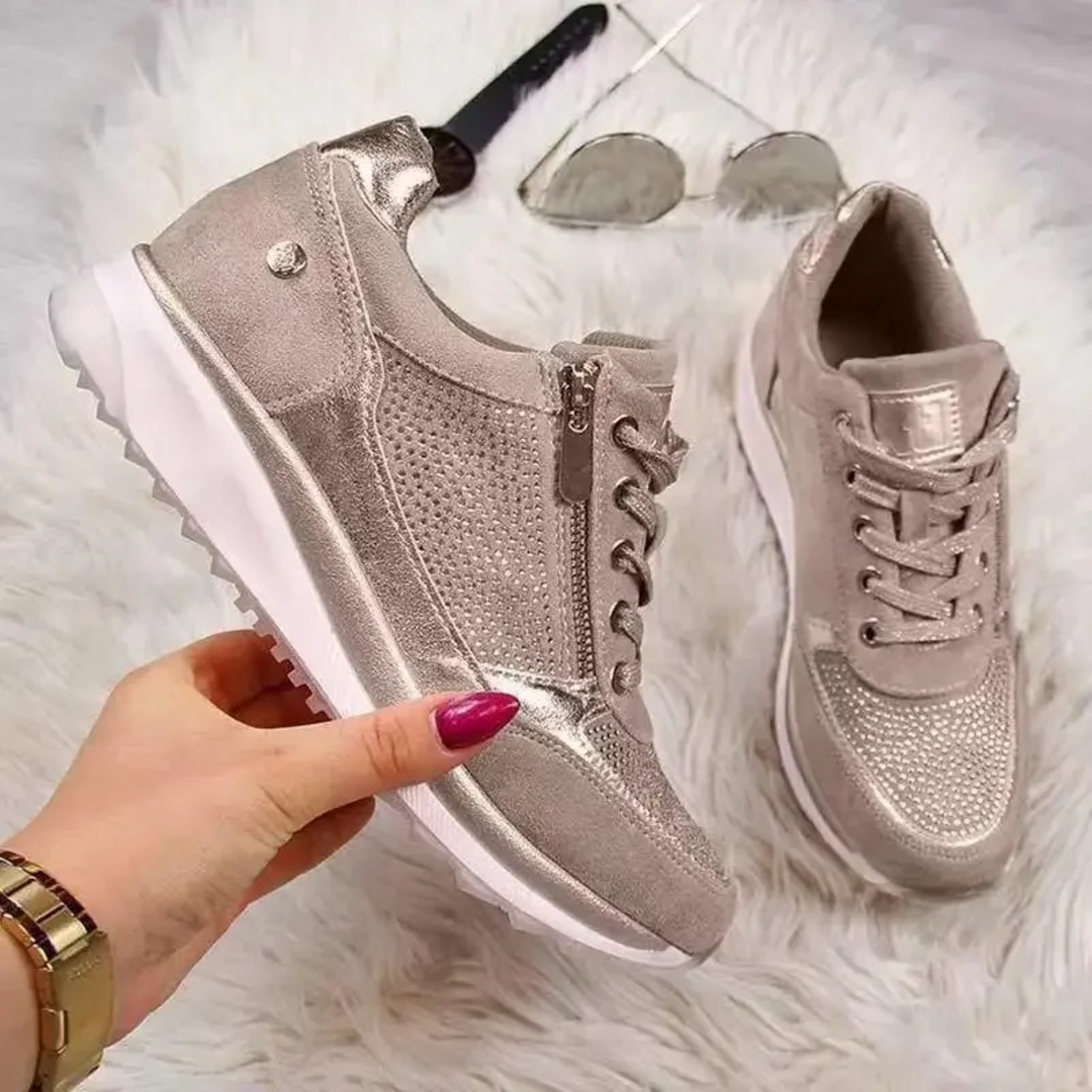 Damen Sneaker mit Keilabsatz und Reißverschluss bequem-Hellbraun-35-Luzern Mode