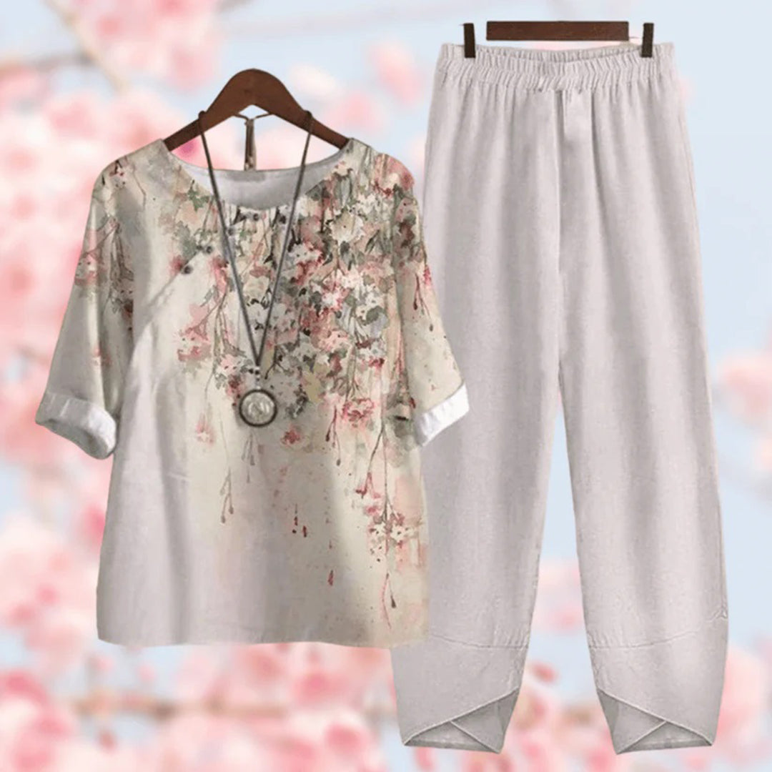 Blumendruck Damen Set - Bequemes Freizeit Outfit Zweiteiler-Grau-S-Luzern Mode